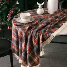 1 buah Taplak Meja Motif Kotak-kotak Merah Kopi dengan Hiasan Renda, Taplak Meja Natal Gaya Nordik Klasik untuk Pesta Malam Natal, Meja Makan, Meja Kopi, dan Dekorasi Meja Kerja - Cokelat + Renda - View 5