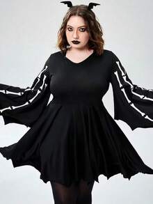 Halloween Gothic Skull Print Crew Neck Flared Sleeve Asymmetric Hem Mini Dress, Plus Size Knit Fabric - Black - View 3