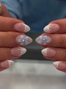 24片短杏仁形秋季美甲貼片，白色法式3D藍花白珍珠美甲，可愛穿戴式凝膠美甲套組（含1片果凍膠與1片美甲锉），適合女性日常、約會、派對 - 彩色 - 查看 8