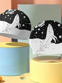 1pc Whale Print Decor Professional Silicone Swim Cap Large Size Comfort Fit Waterproof Long Hair Protection Unisex Adult Swimming - Black - View 4