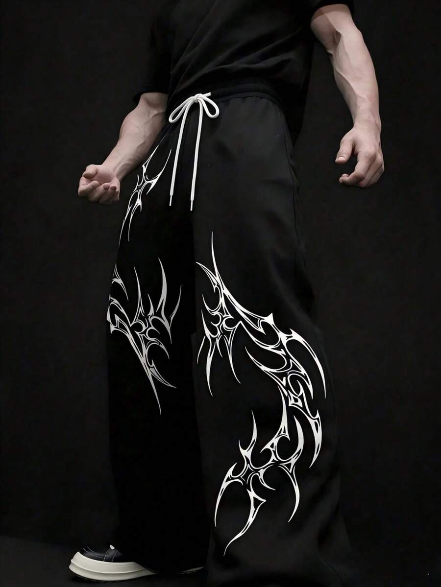 Men's Black All-Season Minimalist Printed Outdoor Sports Casual Flare Pants