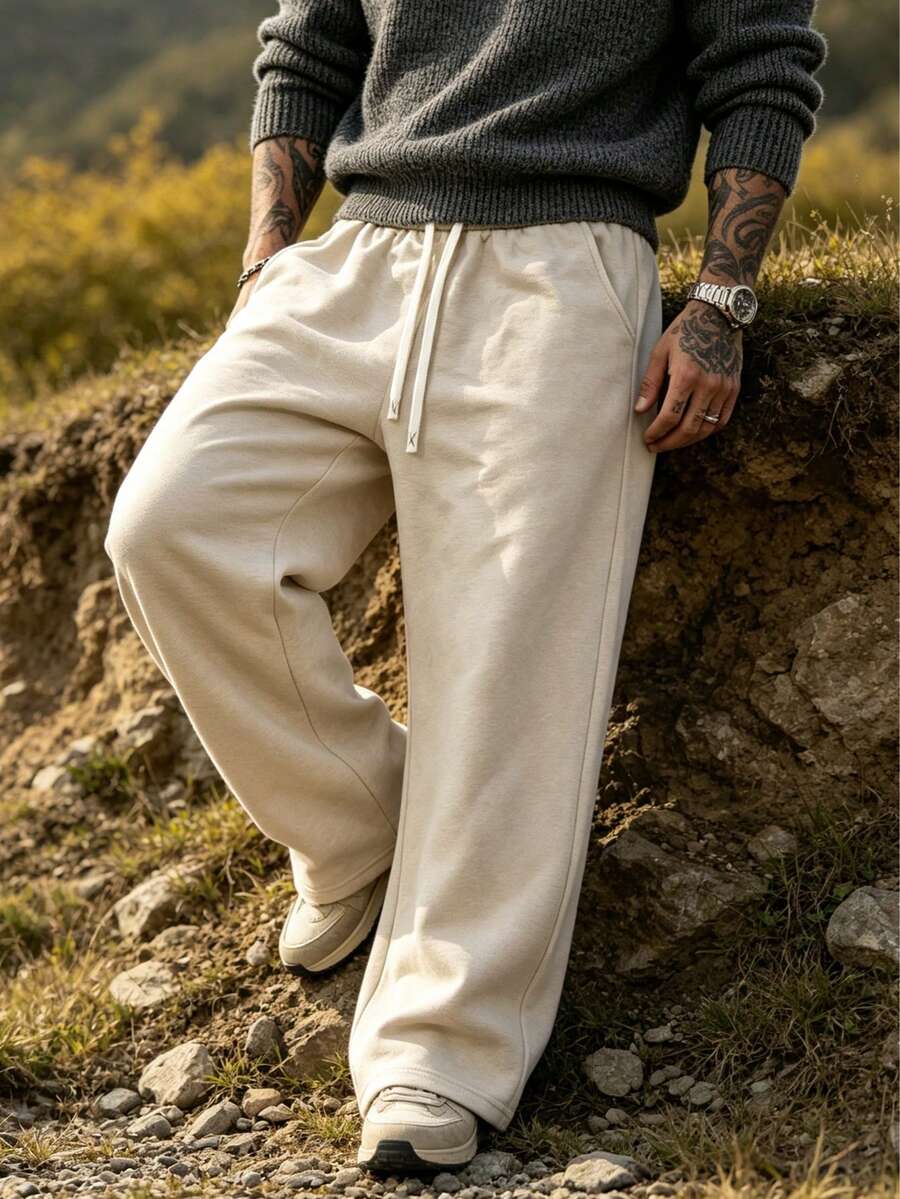 Men's Drawstring Waist Loose Casual Sports Pants, Suitable For Autumn/Winter Spring - Apricot - View 1