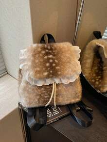 1pc Women's Faux Fur Deer Print Backpack, White Lace Ruffle Drawstring Design, Cute Lolita Style Winter Daily Small Shoulder Bag - Brown - View 5