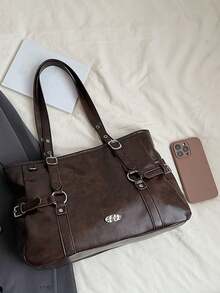 American Retro Shoulder Tote Bag With Metal Buckle Decoration On The Side, And Personalized, Suitable For Commuting And Daily Travel - Coffee - View 11