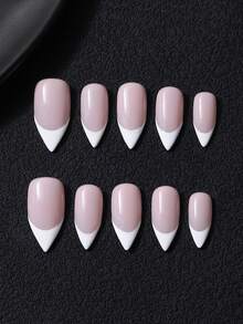 10pcs/Set Handmade Press-On Nails, Almond Shape, Autumn/Winter Hand-Painted White French, Minimalist Nude Pink, Y2K Style, With 1pc Jelly Glue And 1pc Nail File, Suitable For Daily And Party Nail Care - Multicolor - View 2