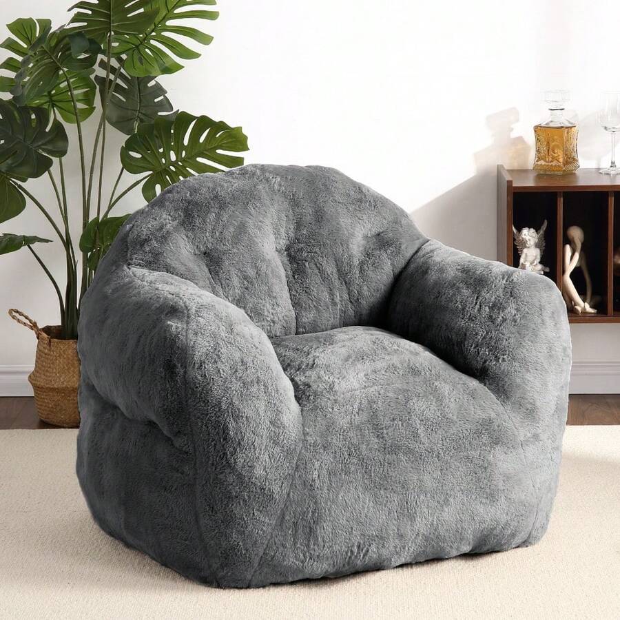 Faux Rabbit Fur Bean Bag Chair with Armrests, Soft Cozy Foam-Filled Sofa with High Elasticity Sponge & Durable Upholstery for Living Room Bedroom Dorm Apartment - Gris - Ver 1