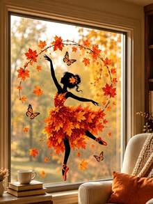 1pc Autumn Leaf Dancer Silhouette Window Decal, Glue-Free PVC Static Cling Sticker, Creative Aesthetic Maple Leaf Butterfly Glass Sticker, Autumn Atmosphere Art Window Decal - Multicolor - View 2