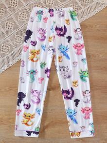 2pcs Colorful Cartoon Hexagon Dinosaur Print Lapel Long Pants Pajamas, Flame Retardant Fabric, All Season Wear, Girls, Toddlers, Big Tween Girl, Teens - Multicolor - View 4
