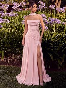 ADYCE Elegant Halter Tie Sweetheart Neckline High Waist Pleated High Slit Backless Floor Length Party Dress, Suitable For Prom, Birthday, Christmas, Wedding - Baby Pink - View 4