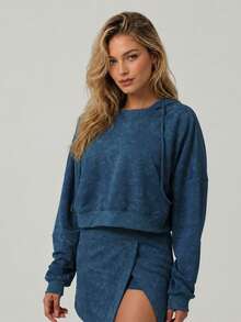 Women's Washed Blue Cropped Hooded Sweatshirt Drop Shoulder Loose Fit Drawstring Long Sleeve Daily Workout Casual Loungewear Athletic Top - Blue - View 5