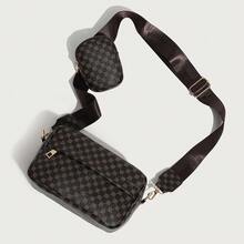 Women Brown Printed Crossbody Sling Shoulder 2Pcs Bag Set With Mini Coin Purse, Adjustable Wide Strap Casual Daily Travel Shopping Small Phone Purse - Multicolor - View 3