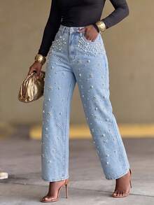 Women's Casual Versatile Denim Jeans With Pockets, Buttons And Faux Pearl Decor - Blue - View 9