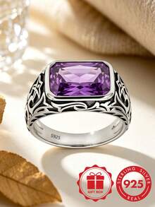 S925 Sterling Silver Vintage Carved Square Purple Zirconia Wide Band Ring Men's Luxury Distressed Finger Ring Gift Box Set - Silver - View 12