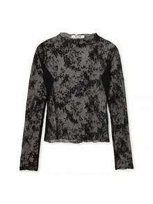 Women's Black Semi-Sheer Funnel Neck Lace Long Sleeve Knit Mid-Stretch Top, Fashionable Style Blouse - Black - View 6