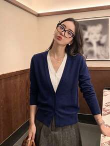 Korean Style Casual Navy Blue V-Neck Long Sleeve Knit Cardigan Women Autumn/Winter Faux Two Pieces Layering Base Top Button Patchwork Sweater - Navy Blue - View 6