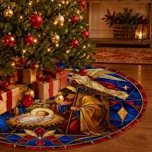 1pc Painted Glass Nativity Scene Christmas Tree Skirt, Elegant Color Holiday Decor, 5 Sizes, Unisex Holiday Gift, Suitable For Home And Party Christmas Home Decoration - Stained Glass Nativity Scene - View 5