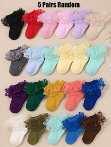 1/5/10 Pairs Random Style Girls Lace Ruffle Socks, Little Girls Autumn Clothing, Autumn Decorative Christmas Halloween Accessories, Baby Essentials Baby Socks - Multicolor - View 13