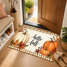 1件 Hello Fall 秋季仿羊絨地毯，白色與橘色南瓜格紋秋葉印花地毯，鄉村農舍風格豐收家居裝飾，適用於玄關、廚房、客廳、臥室 - 彩色 - 查看 5