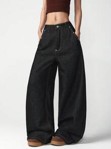 1pc Women's Retro American Street Style Distressed Blue Rivet Patchwork Back Pocket Loose Comfortable Wide Leg Jeans, Fashionable Versatile Denim Pants For All Seasons (Belt/Accessories Not Included) - Black - View 7