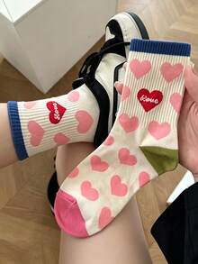 5 Pairs Fresh Girly Mid-Calf Socks, Heart LOVE Letter Jacquard Socks, Colorful Contrast Striped Soft Girl Casual Socks, Multi-Color Combination Versatile Women's Socks - Multicolor - View 4