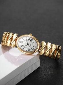 Exquisite Luxury Twisted Alloy Chain Watch, Classic Roman Numeral Oval Dial Versatile Women's Quartz Watch, Gift For Girlfriend (1pc/Set) Watch Box Not Included - Gold - View 7