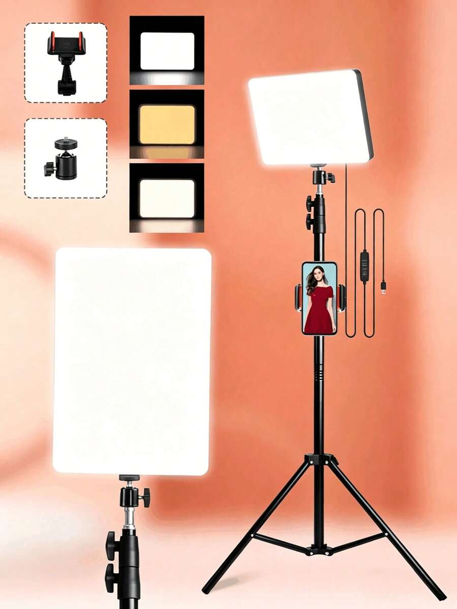 10-Inch Square Full-Screen LED Ring Light With 160cm Adjustable Tripod And Phone Clip, Enhanced Brightness Version, Suitable For Phone And Camera, Battery-Free, 3 Lighting Modes, Ideal For Photography, Video Recording, Selfie, Zoom Meetings, Handheld Selfie, Outdoor Activities, Interviews, Live Streaming, Studio Lighting, Makeup Light And Booth Lighting - A - View 1