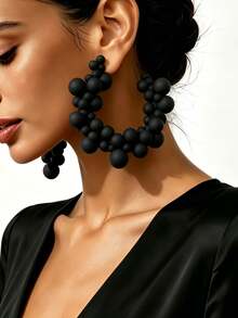 1 Pair Modern Heavy-Duty Style Multi-Layer Round Bead C-Shaped Earrings, Gradient Sized Round Bead Half-Circle Exaggerated Large Earrings, Women's Evening Party Runway Eye-Catching Luxury Accessory - Black - View 3