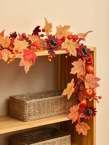 2pcs 78.7 Inch Realistic Artificial Sunflower Pumpkin Red Berry Maple Leaf Garland, Autumn Maple Leaf Garland, Home Decor Artificial Plants, Thanksgiving/Christmas/Halloween Room Decoration, Wedding, Outdoor, DIY, Autumn Decoration, Fireplace Party Decoration, Garden - Red - View 7