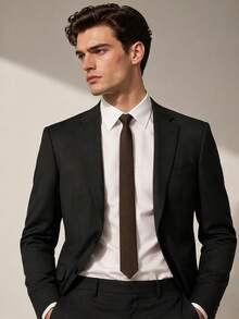 1PC Men's Fashion Solid Brown Thin Striped Versatile Narrow Tie, Suitable For Banquet, Party, School, Wedding - Coffee Brown - View 1