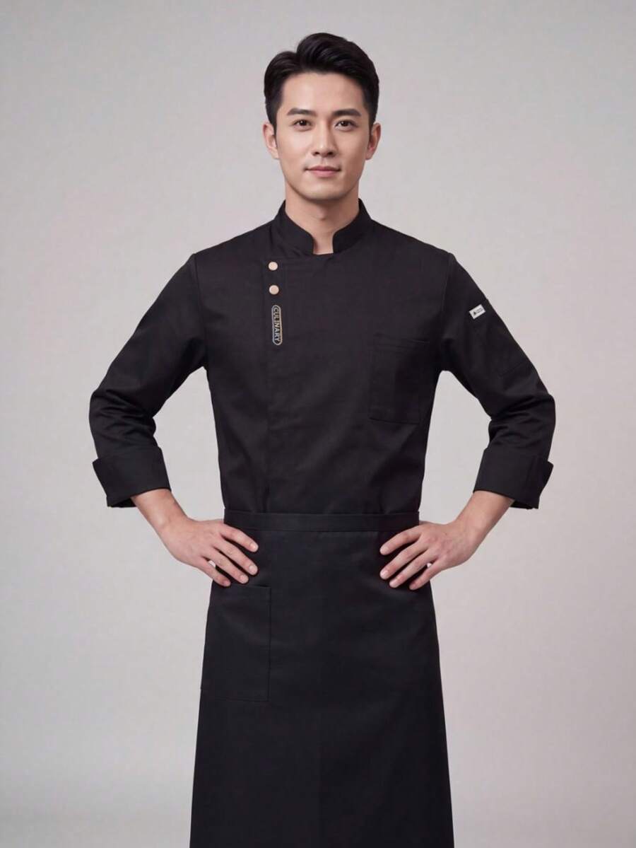 Baju Kerja Dapur Lengan Panjang Unisex Baru dengan Kerah Tegak Kecil dan Bordir yang Indah - Hitam - View 1