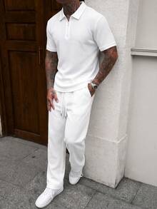 Men's Waffle Texture Turn-Down Collar Half-Zip Short Sleeve Polo & Drawstring Straight Leg Pants 2-Piece Set, Fashion Casual Everyday - White - View 3