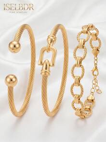 3pcs/Set 18K Gold Plated Stainless Steel Thick Twisted Wire Bracelet & Textured Oval Chain Bracelet Set, Waterproof Fade-Resistant Hypoallergenic Horseshoe Clasp Stackable Bracelet, Elegant Low-Key Luxury Autumn Jewelry Gift - Multicolor - View 4