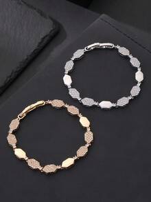 1pc Honeycomb Super Shiny Cubic Zirconia Women's Bracelet, Gold/Silver Dual Color Optional, With Extension Clasp, Adjustable Size, Suitable For Evening Party Wear, Saudi National Day Giveaway - Diamond-shaped Polished Bracelet - View 1