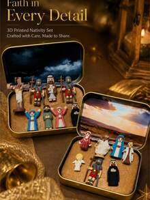3D Printed Christmas Nativity Scene Set, Gold Tin Box Mini Holy Family Figurines, Exquisite Desktop Decor Ornament, Suitable For Christmas Home, Office, Bookshelf, Create Warm Holiday Atmosphere, Christmas Gift - Multiple Styles - View 5