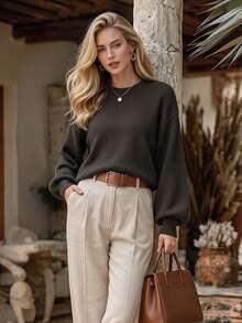 NiceArt Women's Fall Winter Coffee Brown Wool Blend Knit Pullover, Crew Neck Balloon Long Sleeve Relaxed Sweater For Relaxed Daily Outfits Homedecor - Coffee Brown - View 8