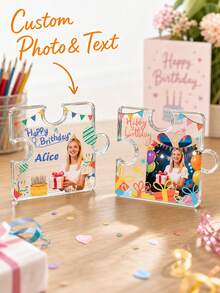 1pc Custom Puzzle‑Shaped Acrylic Photo Plaque, Personalized Photo And Text Desktop Ornament, Happy Birthday Keepsake Tabletop Sign,Unique Gift For Friends Family,Birthday Memories Display - Multicolor - View 3
