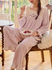 Gongdie 2 Pieces Miffy Women Fleece Pajama Sets,Winter Pink Soft Warm Loungewear With Lace Square Neckline And Ruffle Hem - Pink - View 3