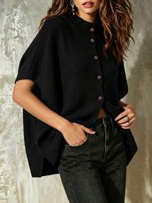 Women's Burgundy Stand Collar Batwing Sleeve Single-Breasted Knit Cardigan, Autumn/Winter Layering, Daily Date French Romantic Style - Black - View 5