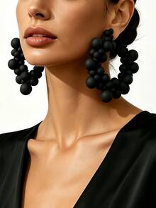 1 Pair Modern Heavy-Duty Style Multi-Layer Round Bead C-Shaped Earrings, Gradient Sized Round Bead Half-Circle Exaggerated Large Earrings, Women's Evening Party Runway Eye-Catching Luxury Accessory - Black - View 2