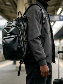 Men's Solid Color PU Glossy Backpack With Multiple Zippers, Casual Daily Use, Large Capacity Travel & Work Backpack With Side Pockets - Black - View 7