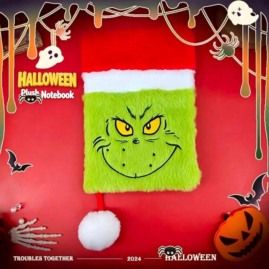 The Grinch دفتر ملاحظات مخملي ناعم على شكل جورب عيد الميلاد، غلاف مخملي لطيف برسومات كرتونية وتطريز وجه، هدية عطلة وديكور مكتبي - متعدد الألوان - مشاهدة 1