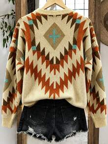 Women's Autumn/Winter Western Cowboy Style Geometric Cactus Jacquard Pattern Round Neck Long Sleeve Loose Knit Pullover Top, Suitable For Travel, Casual And Daily Wear - Multicolor - View 4