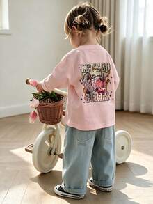 Young Girl Western Print Long Sleeve Tee - Pink - View 2