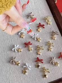 4/8pcs Christmas Atmosphere Nail Charms, Exquisite Hanging Nail Art Accessories, Bow And Star Pendant Design, Available In Red, White, Light Brown, Gold, Small And 3D With Dynamic Feel, Suitable For Christmas Theme Nail Art - Multicolor - View 1