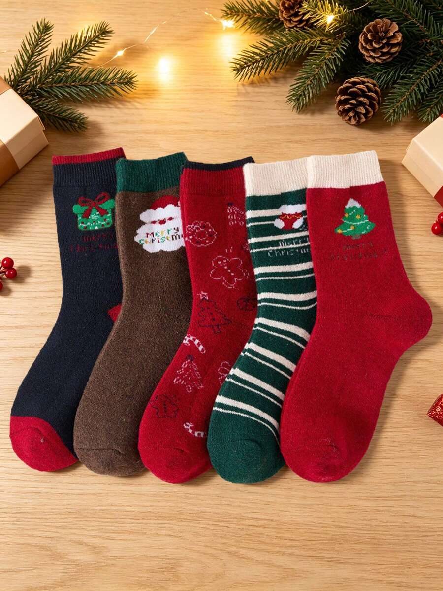 5 Pairs Women's Vintage Christmas Style Mid-Calf Socks, Santa Claus & Christmas Tree Jacquard, Striped Color Block, Autumn/Winter Holiday Student Socks - Multicolor - View 1