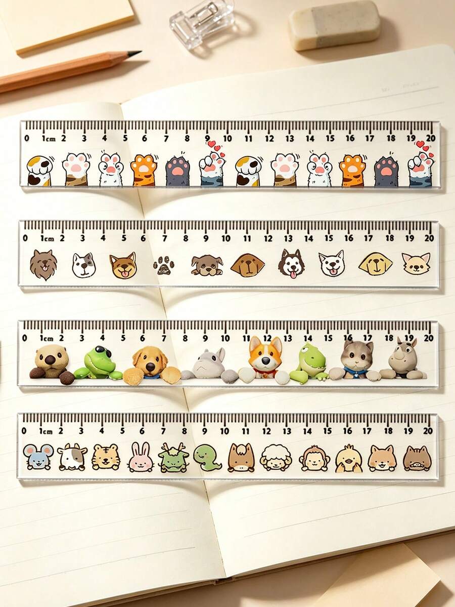 Kawaii Cartoon Pet Animal Print 20CM Acrylic Straight Ruler, Clear Transparent Measuring Ruler For Kids Teens, Lovely Animal Cat Dog Paw Design Ruler, Portable School Drawing Measuring Stationery Gift For Students - Single Piece - View 1