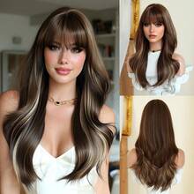 NAMM Wig Panjang Bergelombang dengan Poni dan Akar Gelap, Rambut Sintetis Bergelombang Keriting Tanpa Lem dan Tahan Panas untuk Wanita, Cocok untuk Pemakaian Sehari-hari, Festival, Pesta, Panjang 22 Inci (Coklat Keemasan Campuran) - MultiWarna - View 14