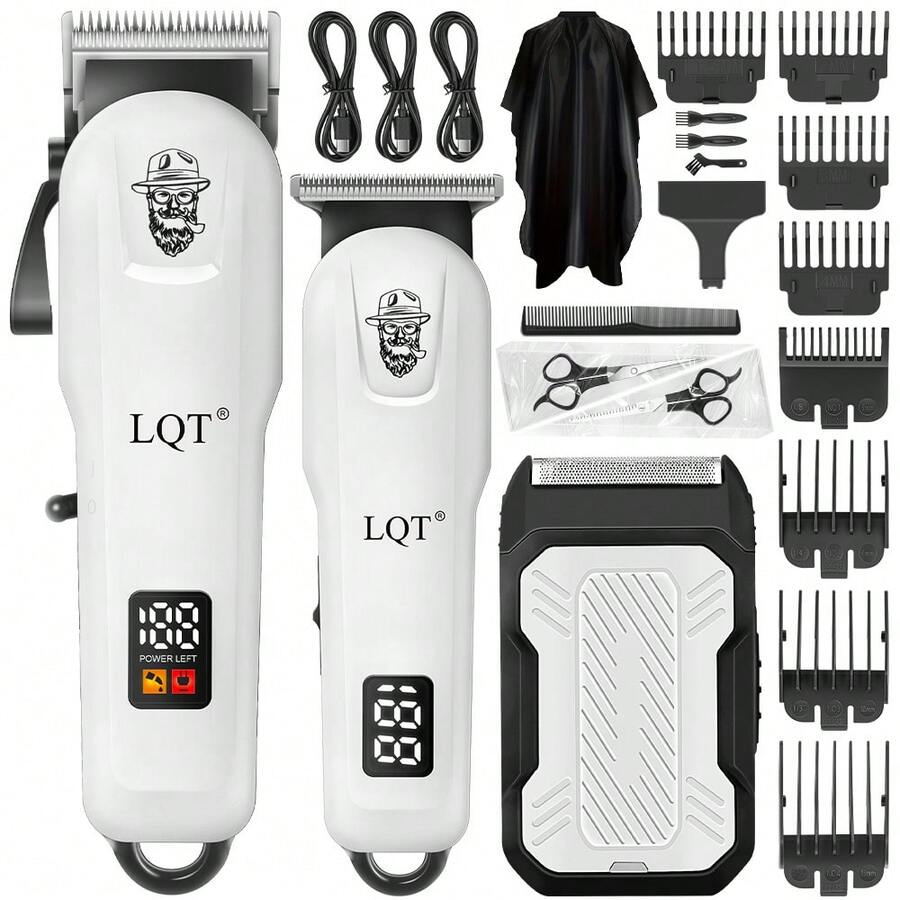 LQT 1件/3件組 電動理髮工具，專業男士理髮器鬍鬚修剪器刮鬍刀套組，附LCD數位顯示螢幕，USB-C充電，禮盒包裝，理想的父親節、情人節、節日禮物，適用於居家與理髮店使用