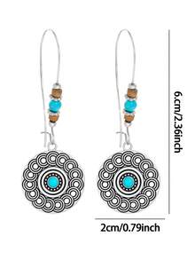1 Pair Bohemian Long Hook Earrings, Distressed Silver Mandala Carved Disc With Turquoise And Wooden Beads, Vibe Earrings Suitable For Beach, Casual And Daily Wear - Antique Silver - View 4