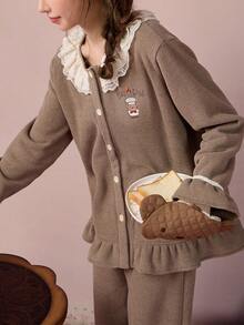 Gongdie 2pcs/Set Miffy Women's Fleece Pajama Set, Winter Brown Soft Warm Loungewear With White Lace And Ruffle Hem - Brown - View 5